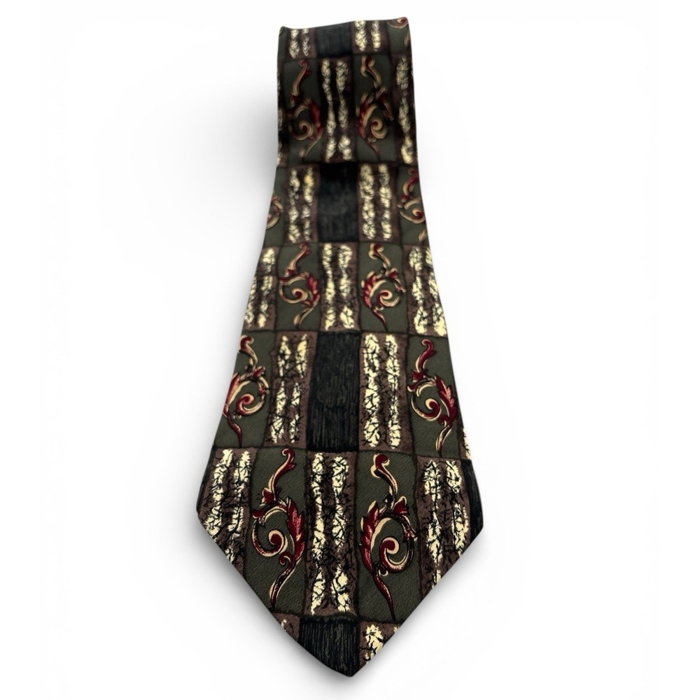 Vintage Christian Dior Tie Olive Green Baroque Art Designer 100% Silk Necktie
